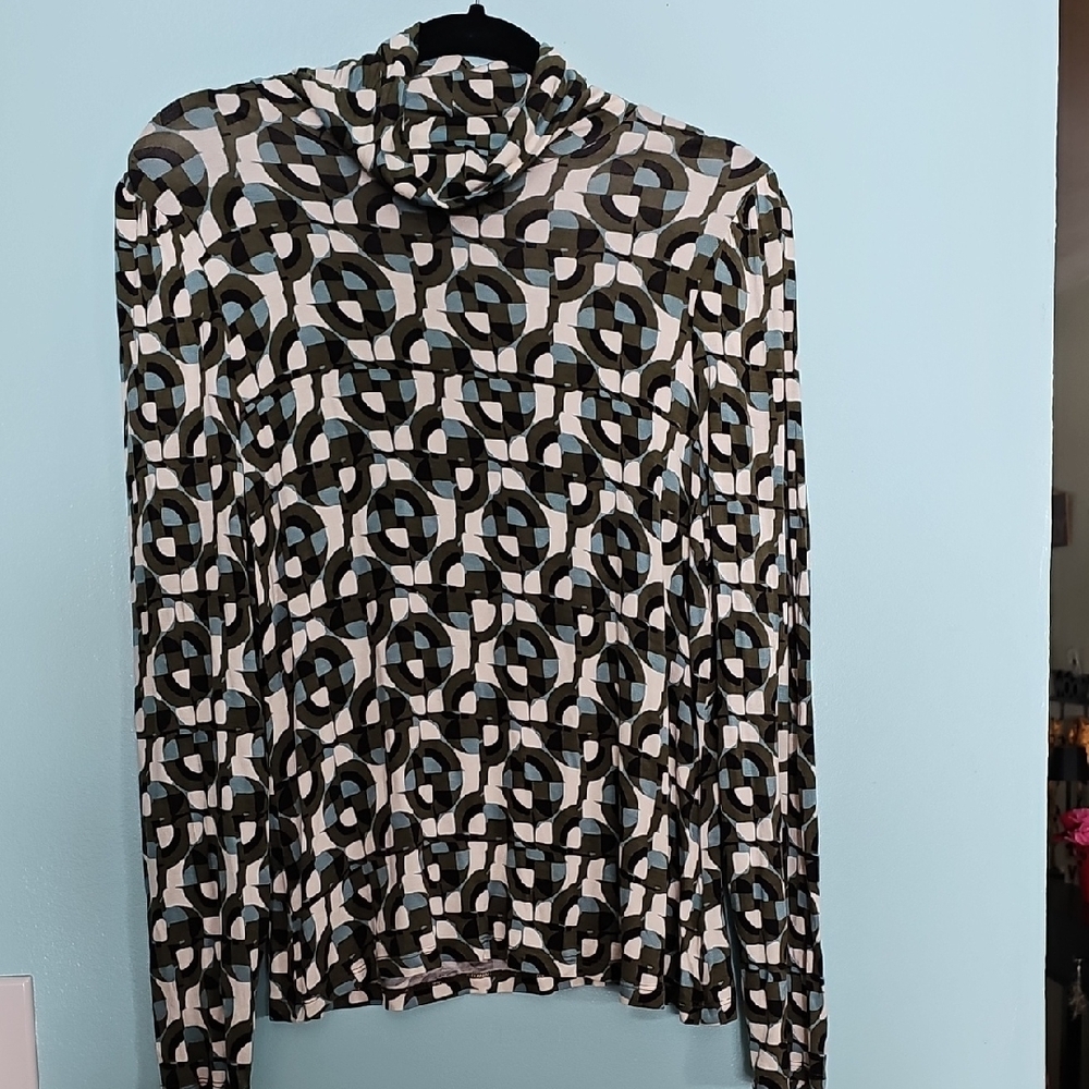 Tahari Olive green and Turquoise Patterned Long Sleeve Top